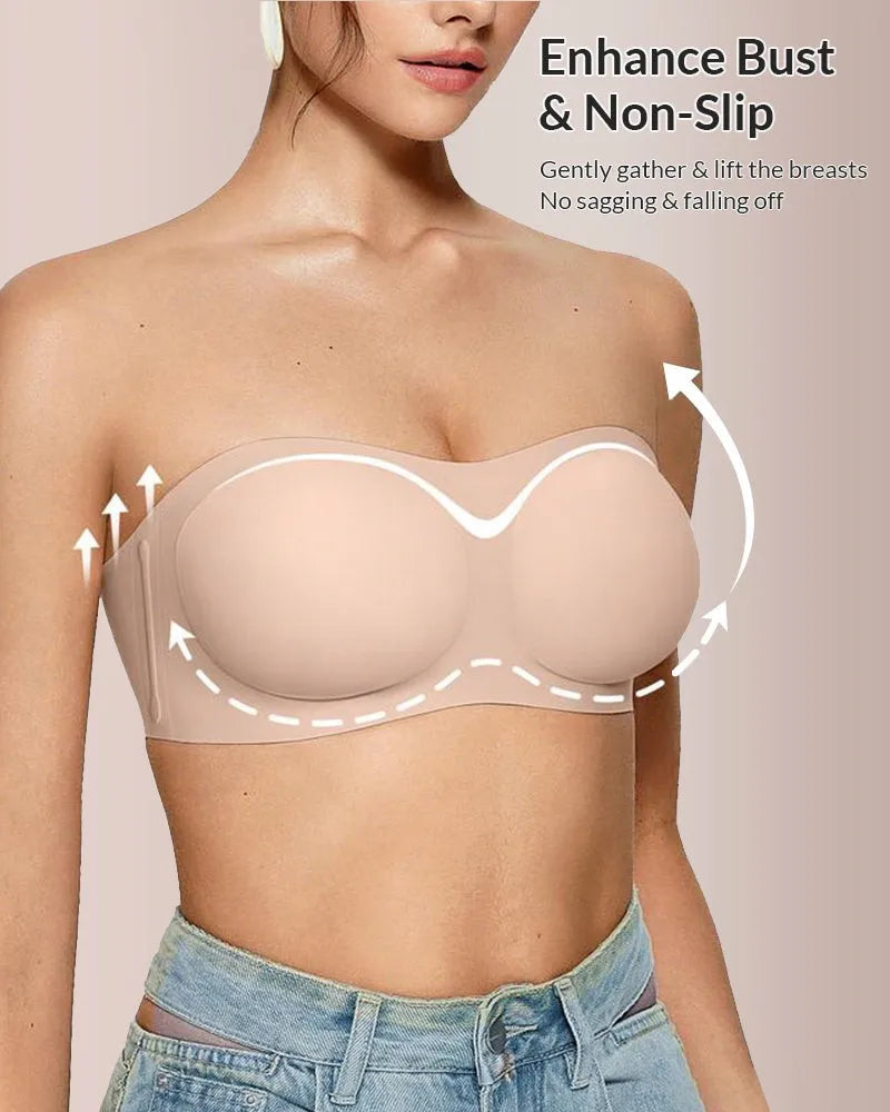 Women's Strapless Bra with Push-up Support Non-slip Bra Comfortable and Breathable Solid Color Bra for Women