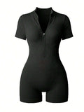 Women's Solid Color Half Zip Ribbed Knit Short Sleeve Romper Sports Soft Slim Fit Mock Neck Jumpsuit Streetwear 2025 Summer