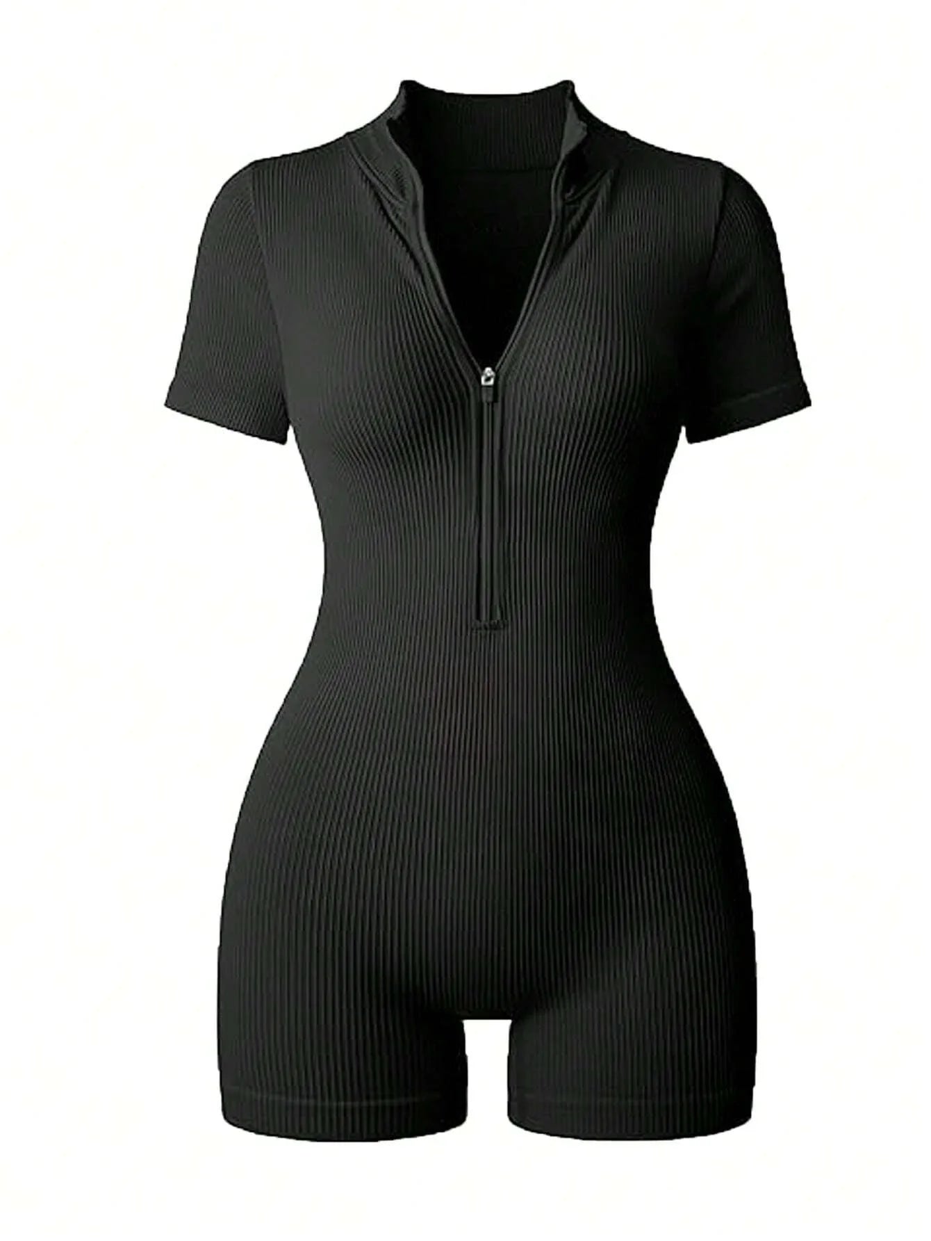 Women's Solid Color Half Zip Ribbed Knit Short Sleeve Romper Sports Soft Slim Fit Mock Neck Jumpsuit Streetwear 2025 Summer