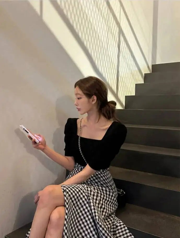 WOMENGAGA Korea Style 2023 Spring/Summer New High Waist Elegant Split Plaid Skirts Half Length Skirts Fashion Women 2023 22IV