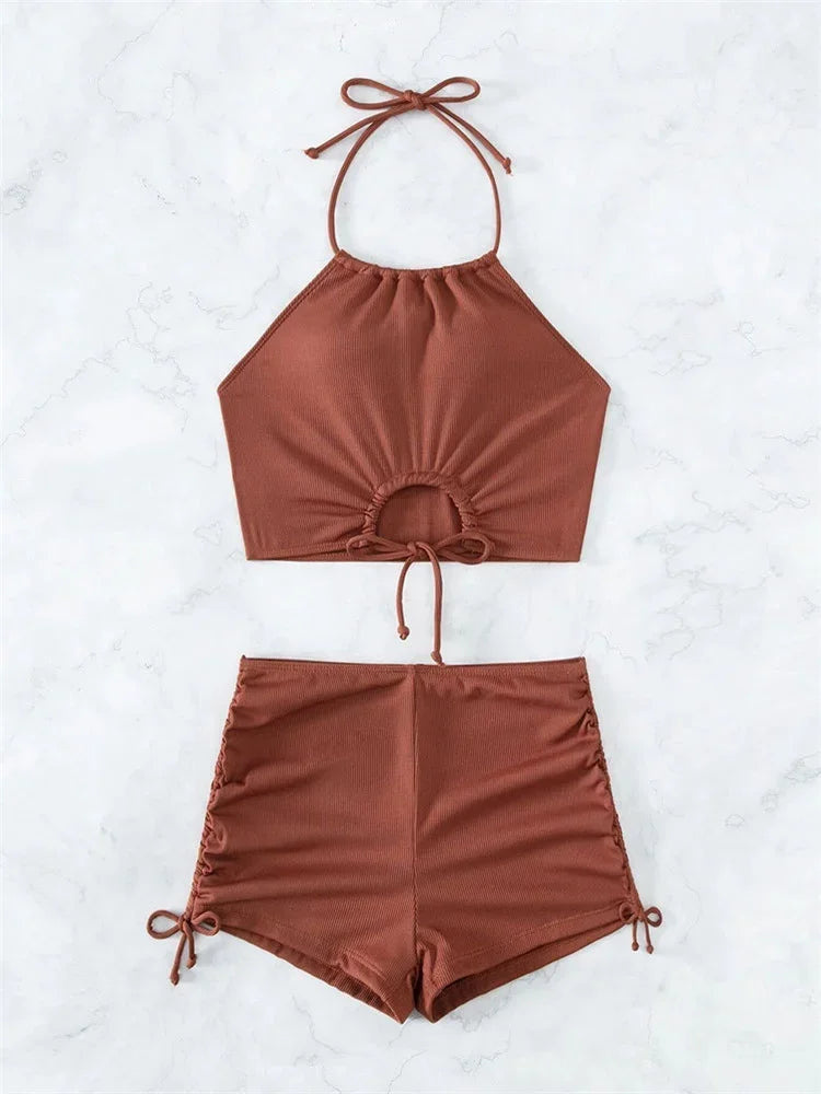Sexy Ring Linked Pleate Bikini Set Women Brown Cut Out Push Up Two Piece Swimsuit 2024 Bathing Suit High Waist Panties Swimwear