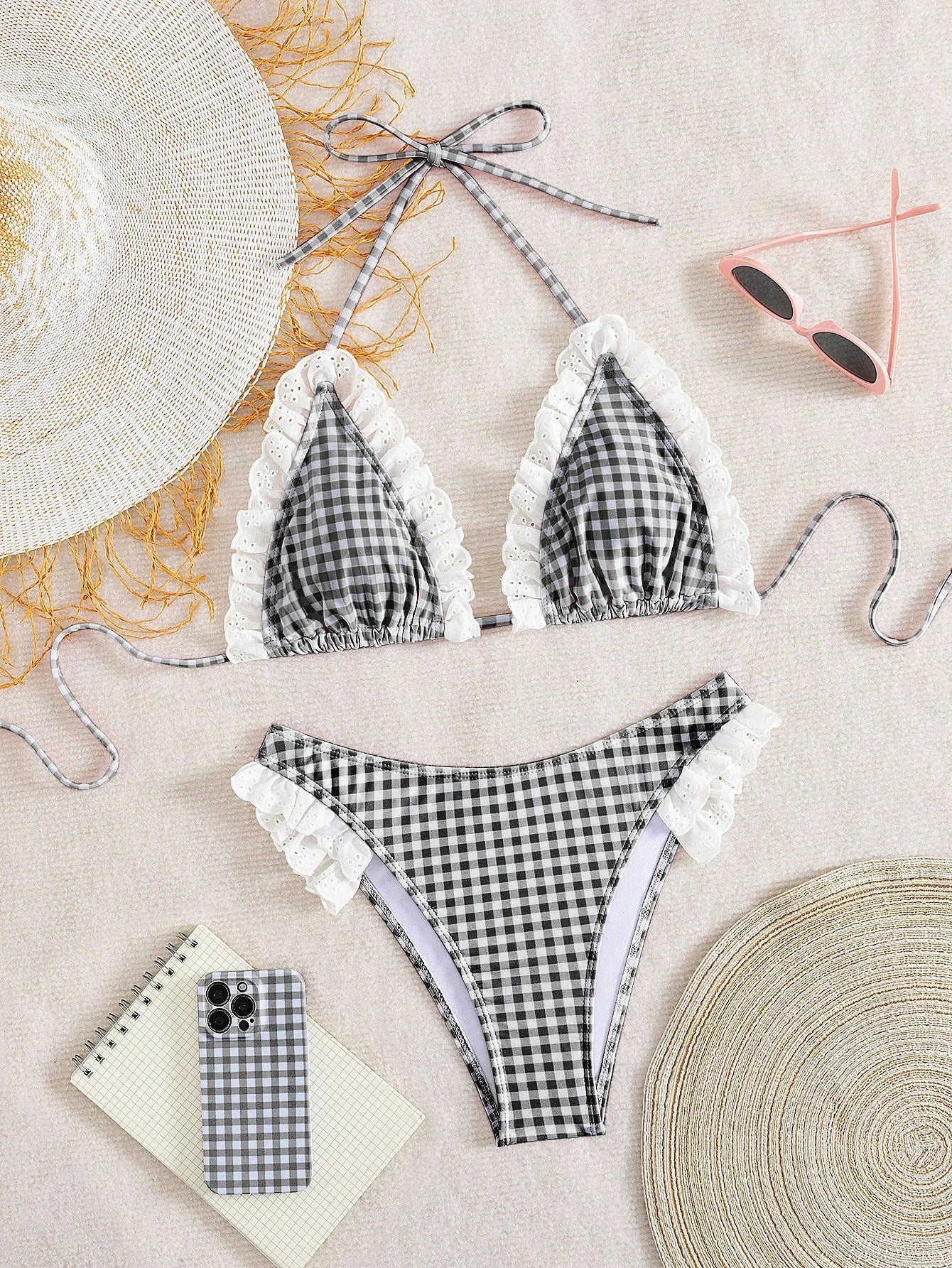 Cute Pink Plaid Print Micro Bikini 2026 Women Ruffles Lace Patchwork Push Up High Waist Swimsuit Bathing Suit Holiday Swimwear