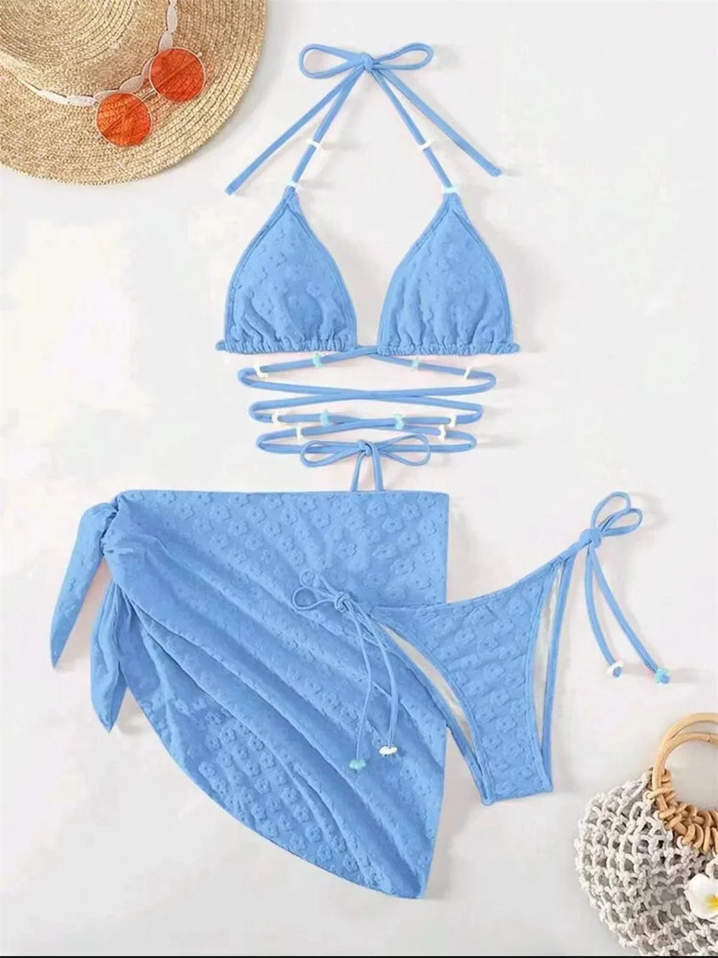 Mesh Skirt Pleated Bikini Set Women Blue White Floral Designer Criss Cross Swimsuit 3 Piece Bathing Suit Cover Up Swimwear 2024