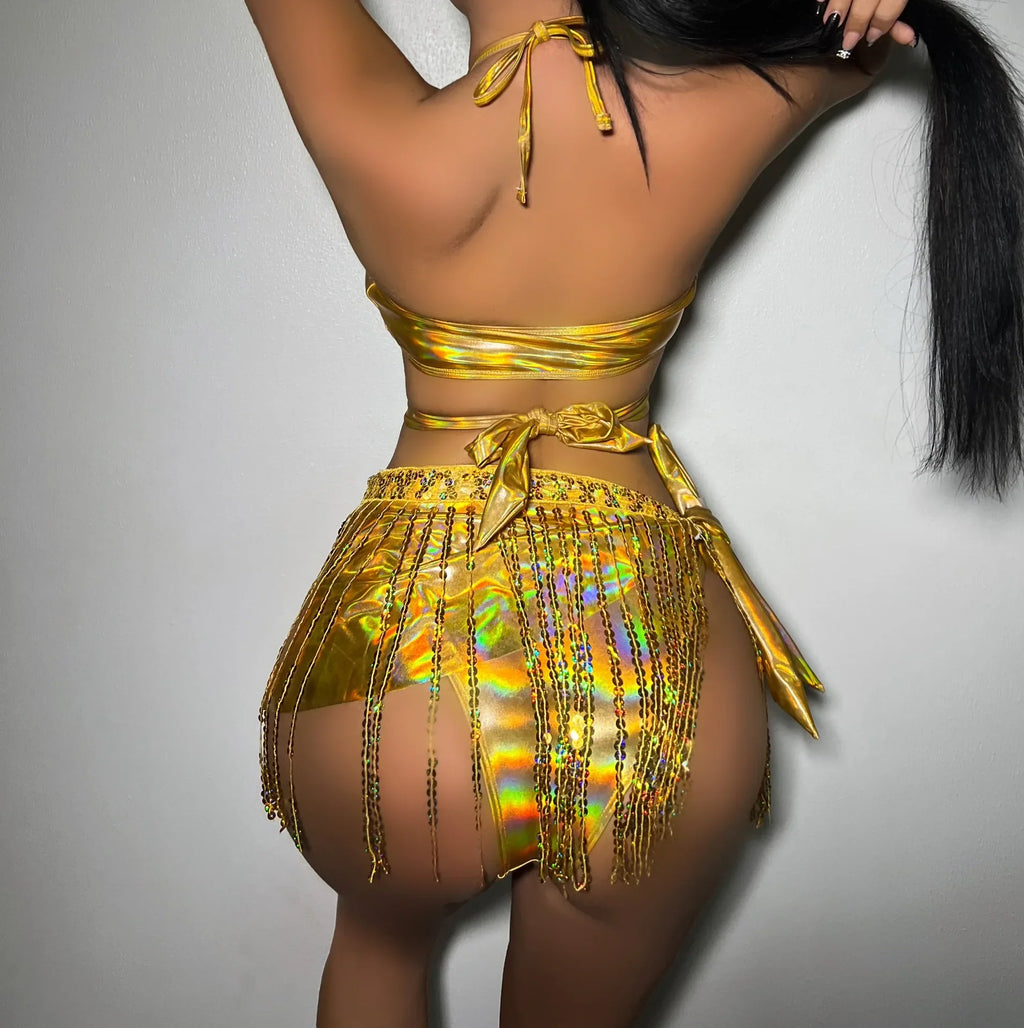 3 Piece Tassel Skirt Bikini Set Women Shiny Sequin White Push Up Cross Swimwear Sexy Silver Cover Up Bathing Suit Swimsuit 2024