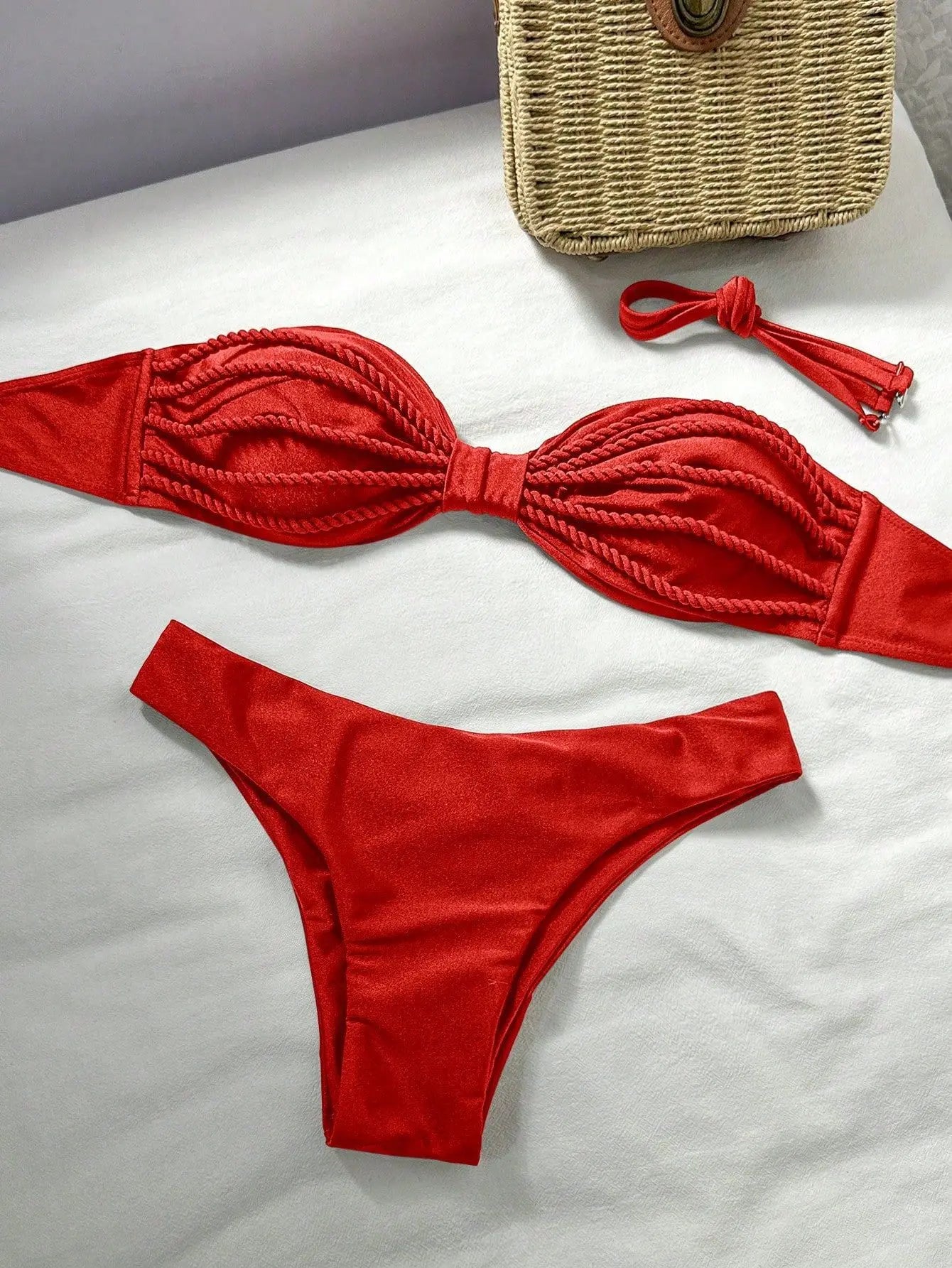 Sexy Bandeau Bikini 2026 Women Coffee Braiding Rope Pleate Tie Push Up High Waist Swimsuit Beach Holiday Bathing Suit Swimwear
