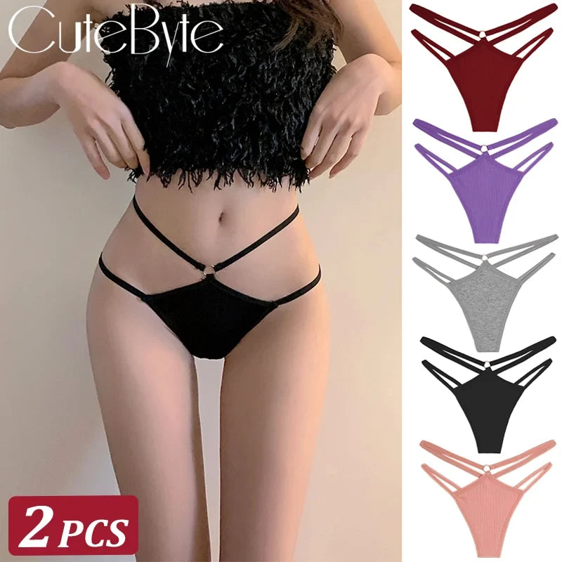 2PCS Women Sexy Cotton Panties Two Belts Hollow Out G-String Thongs Breathable Underwear for Female Solid Color Lingerie S-XL