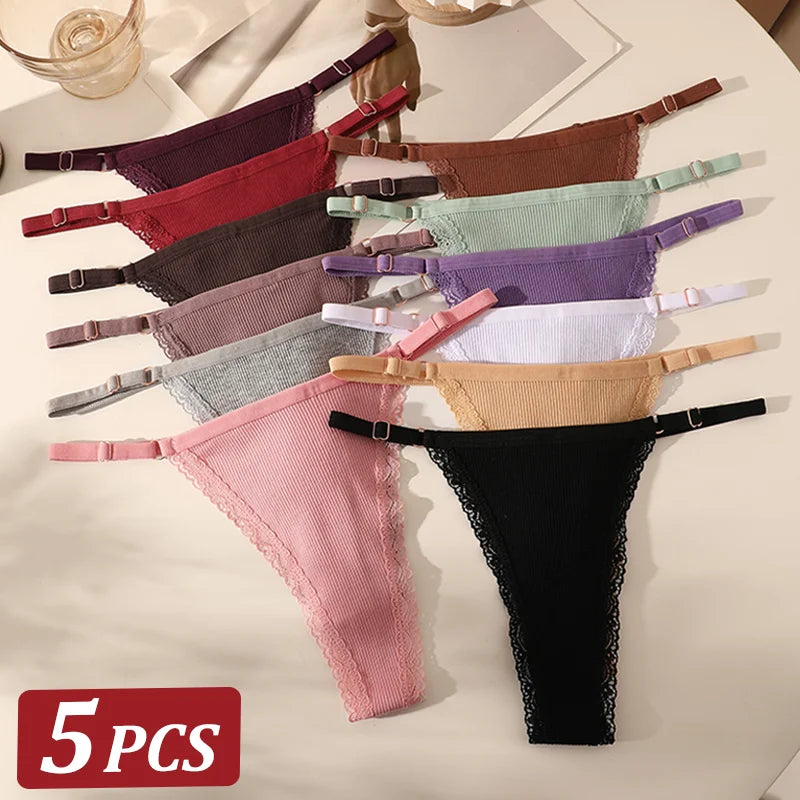 5PCS Women Cotton Panties Sexy Adjustable Waist G-String Women's Underwear T-Back Lingerie Femme Underpants Briefs Thong Female