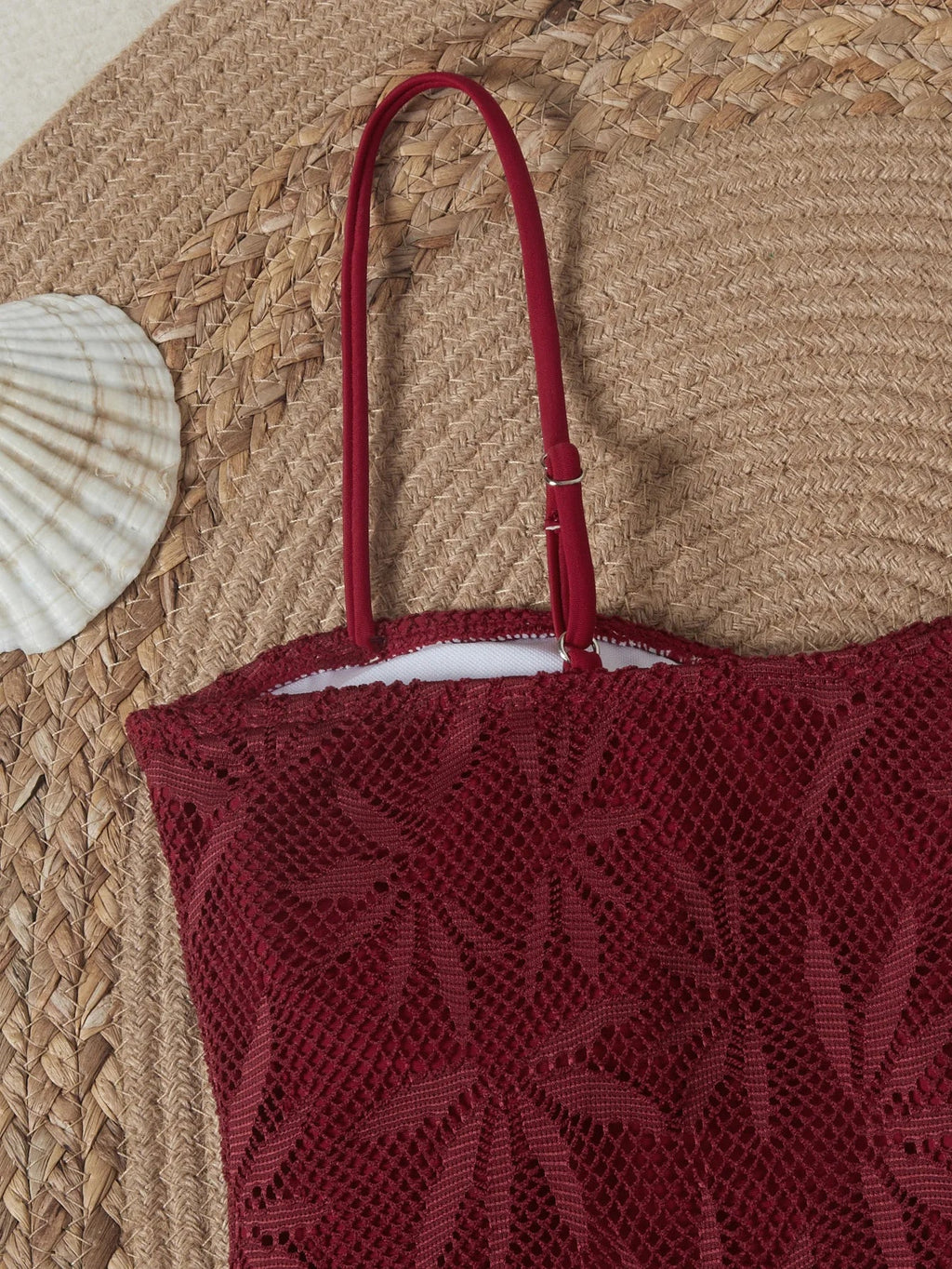 2026 Vintage Coffee Leaves Print One Piece Swimsuit Women Beaded String Hollow Out Backless Mesh Slim Fit Tummy Control Swimwear