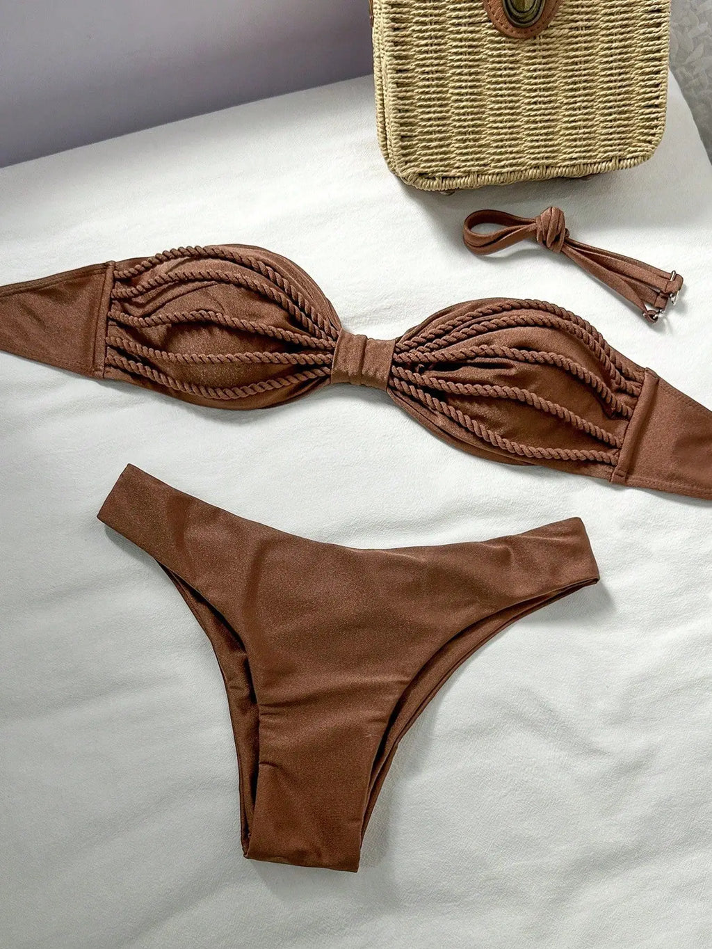 Sexy Bandeau Bikini 2026 Women Coffee Braiding Rope Pleate Tie Push Up High Waist Swimsuit Beach Holiday Bathing Suit Swimwear