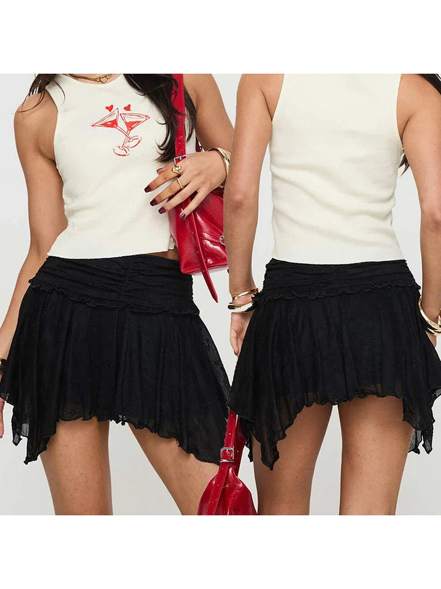Women's Solid Color Gothic Mini Skirts Lace Ruched High Waist Skirts Spring Summer Irregular Hem Casual Skirts