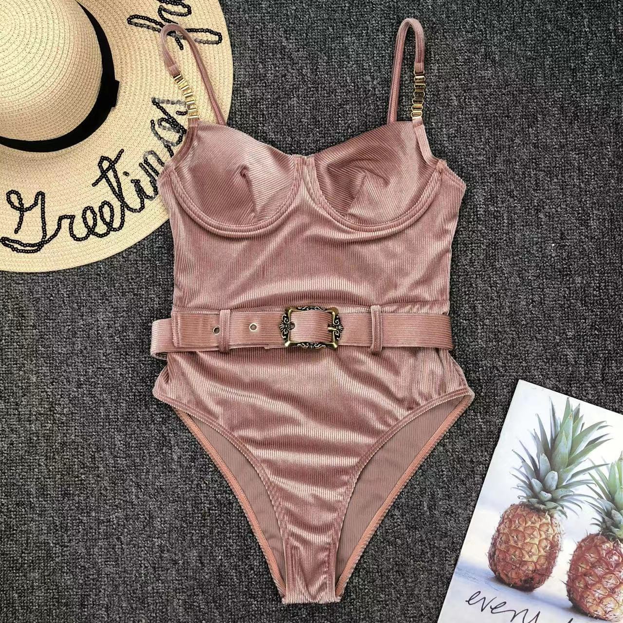 2024 New Sexy Velvet One-Piece Black Bikini Belt Swimsuit Women Solid Push Up Swimwear Female Brazilian Beach Bathing Suit