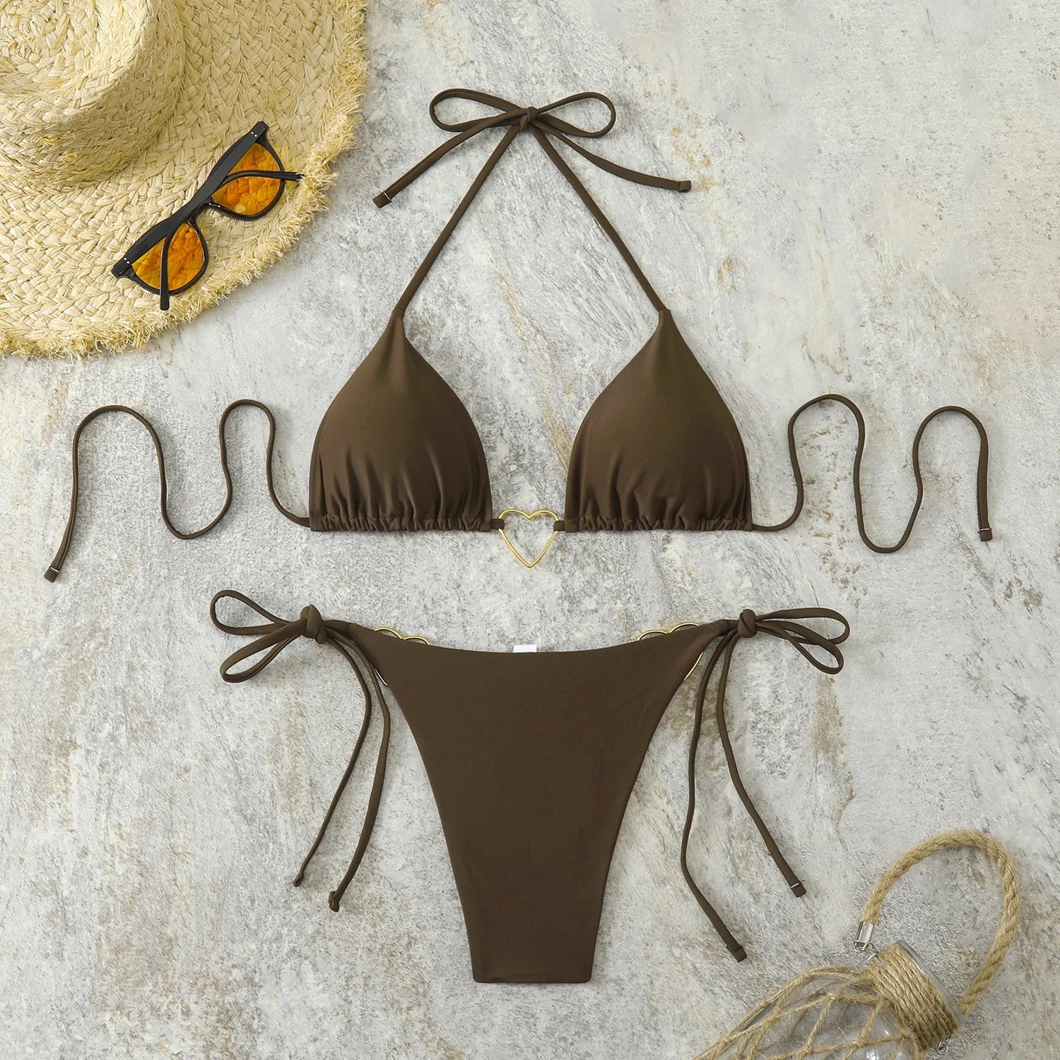 Sexy Metal Heart Ornament Bikini Set 2026 Women Blue Pink Halter Push Up Bra Thong Swimsuit Beach Bathing Suit Vacation Swimwear