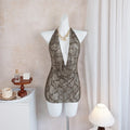 Women's Casual  Beach Cover Ups Brown Deep V Neck Pleate Lace Short Dress Spring & Fall Vacation Sun Protection Smock