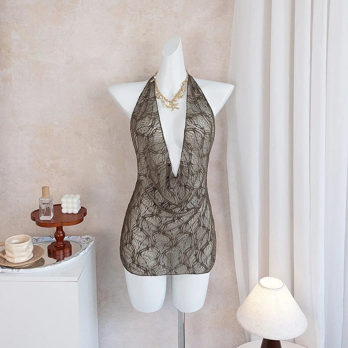 Women's Casual  Beach Cover Ups Brown Deep V Neck Pleate Lace Short Dress Spring & Fall Vacation Sun Protection Smock