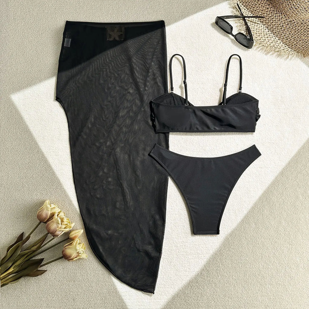 Sexy White Black Skirt 3 Piece Bikini Set 2025 Women Starfish Ornament Push Up High Waist Swimsuit Beach Bathing Suit Swimwear