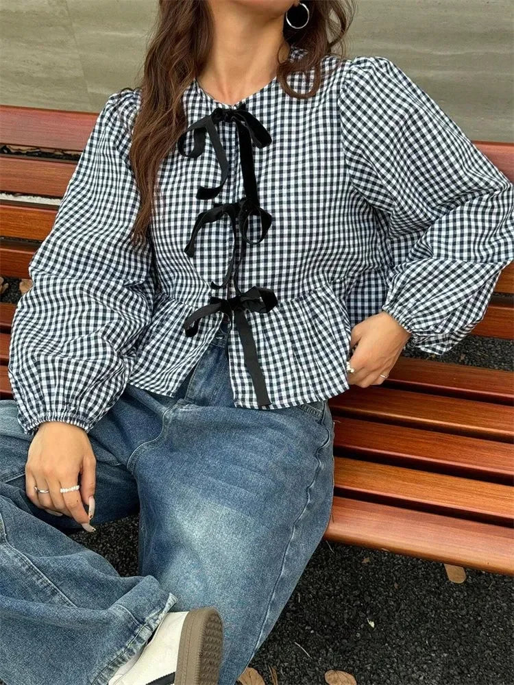 Plaid Lantern Long Sleeve Blouse for Women Spring Autumn Y2K Clothes Sweet Style Loose Knot Front Round Neck Top Streetweawr