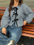 Plaid Lantern Long Sleeve Blouse for Women Spring Autumn Y2K Clothes Sweet Style Loose Knot Front Round Neck Top Streetweawr