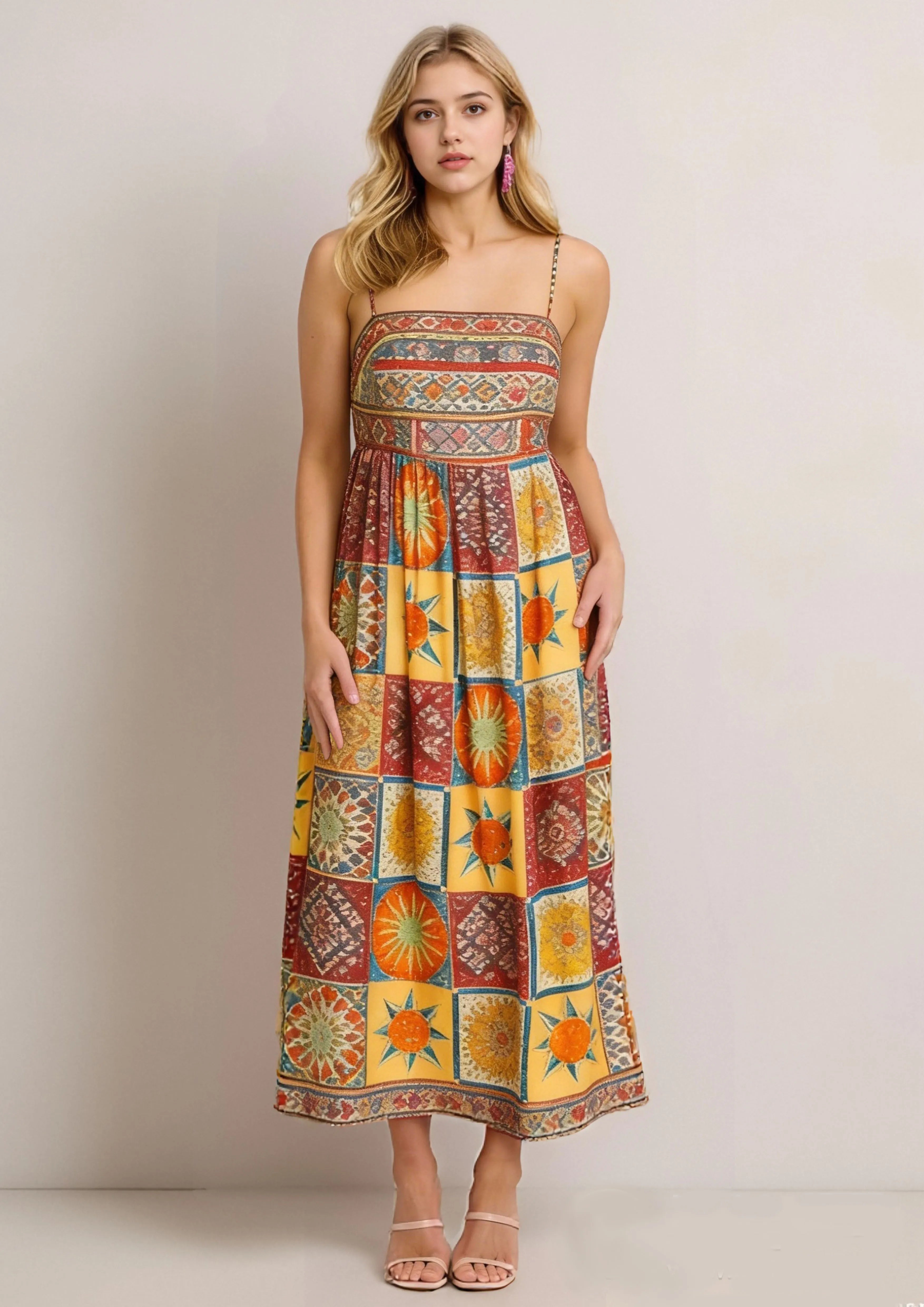 Women Floral Geometric Neck Long Party Dress Fashion Sleeveless Spaghetti Strap Dress Fashion Vacation Cocktail Flowy Sun Dress