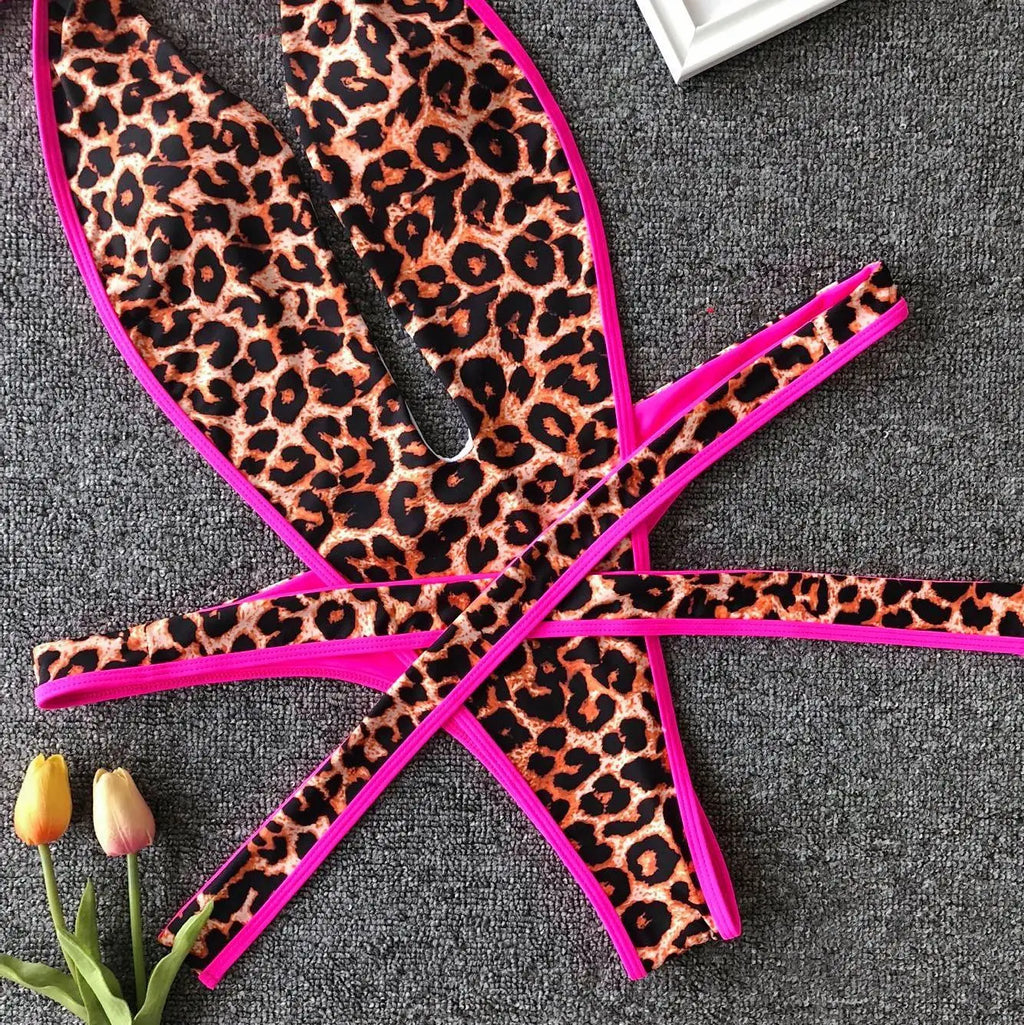 Sexy Bikini 2025 Swimsuit Woman Hollow Out Black Leopard Print Thong Swimwear Front Tie Bathing Suit Backless One Piece Swimsuit