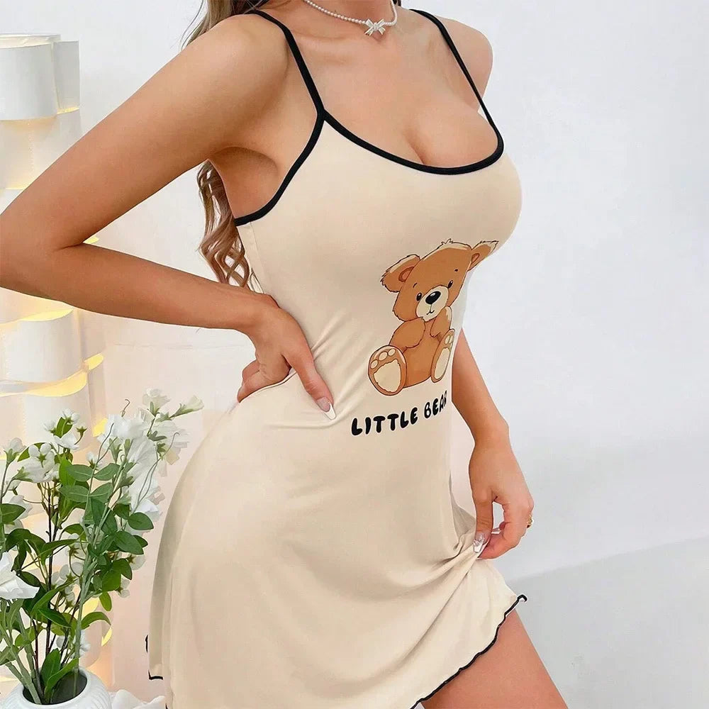 Summer Suspenders Mini Dress Women Sleepwear Comfortable Home Leisure Sexy Nightgowns Littler Bear Printed Nightdress