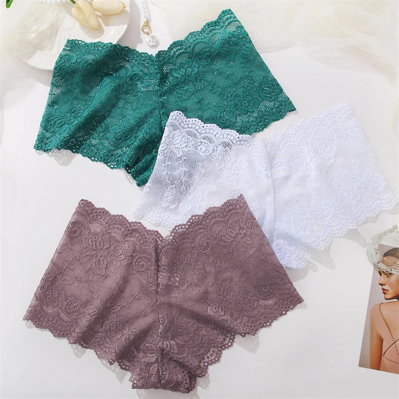 Sexy Lace Panties Women Boyshort Underwear 3Pcs/set Low-Rise Underpants S-XL Ladies Floral Panties Sexy Boyshort Female Lingerie