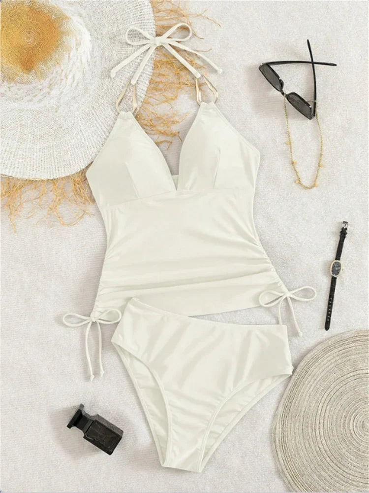 Vintage Black Two Piece Bikini Set 2026 Women Metal Buckle Strap V Neck Pleate Tank Top High Waist Bikini Bathing Suit Swimwear