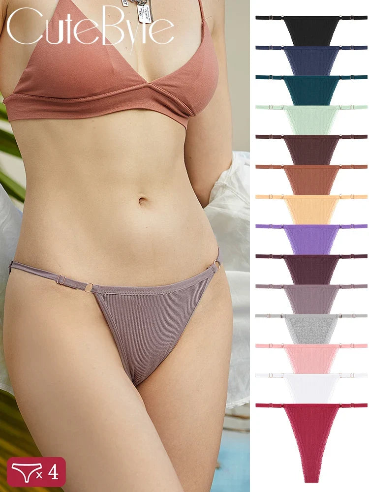 4Pcs Cotton Lace Panties Sexy G-String Women's Underwear Low Waist Comfortable Lingerie Briefs Adjustable Waist Thong Intimates
