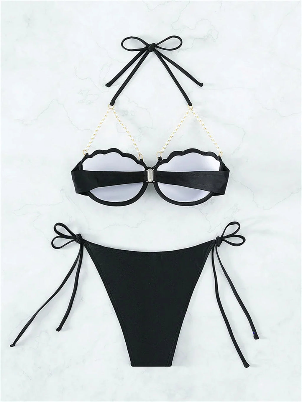 Sexy Shell Shape Underwire Bikini Tie Side Thong Bikinis Swimwear Women 2025 Black Pearls Strap Push Up Bathing Suit Swimsuit
