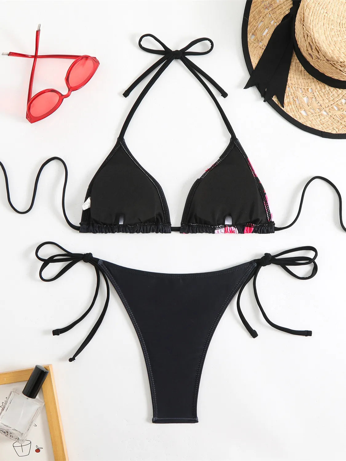 Sexy Micro Bikini 2025 Women Black Floral Print Push Up Bra Tie Side Thong Swimsuit Brazilian Beach Bathing Suit Pool Swimwear