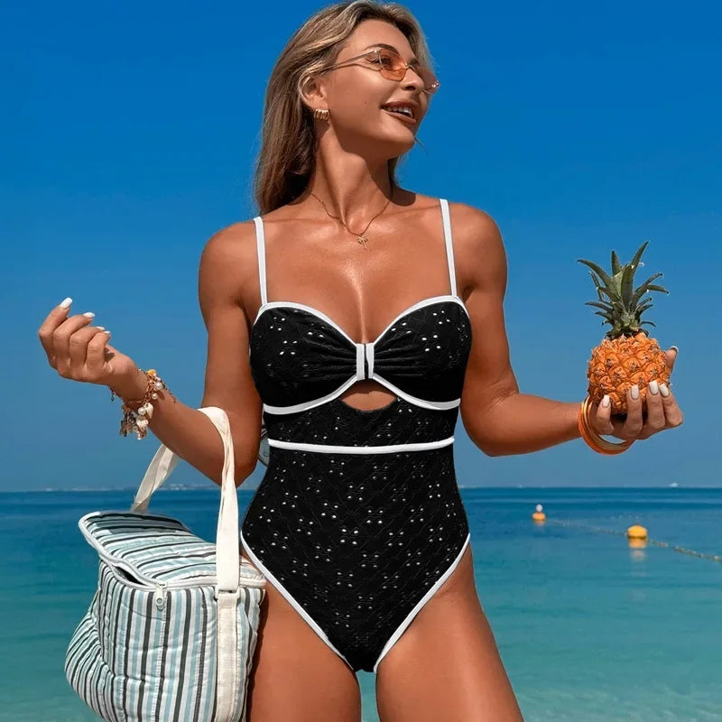 Sexy White Dot Print Print One Piece Swimsuit 2025 Women Hollow Hole Out Front Bow Push Up Beach Bathing Suit Holiday Swimwear