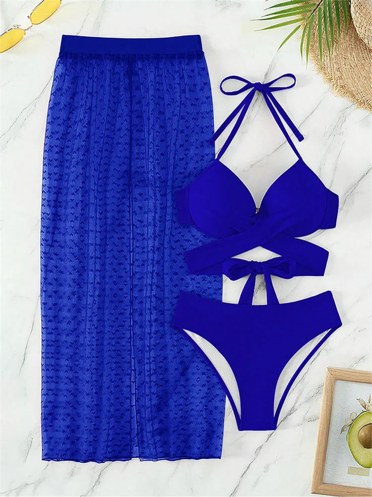 Sexy White 3 Pieces Skirt Bikinis Set Women Black Push Up Criss Cross Underwire Swimsuit 2025 Lace Cover-ups High Waist Swimwear