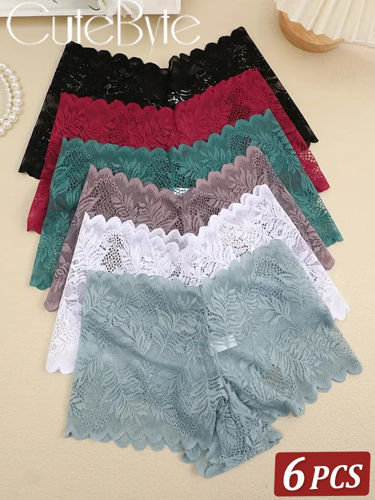 6PCS Women Lace Boxers Briefs Sexy Seamless Breathable Low Waist Female Underwear Solid Color Intimates High Elastic Lingerie