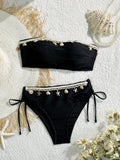 Sexy Bandeau Bikini Set 2025 Women Black Shell Starfish Push Up Drawstring Side High Waist Swimsuit Beach Bathing Suit Swimwear