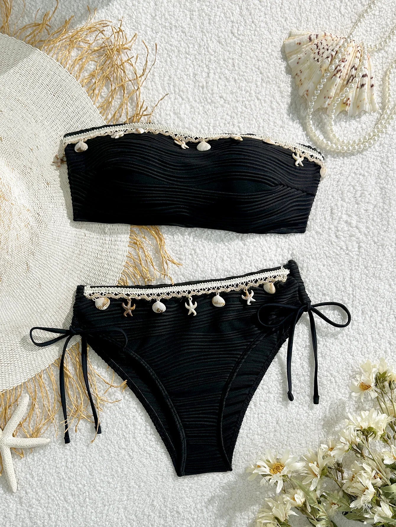 Sexy Bandeau Bikini Set 2025 Women Black Shell Starfish Push Up Drawstring Side High Waist Swimsuit Beach Bathing Suit Swimwear