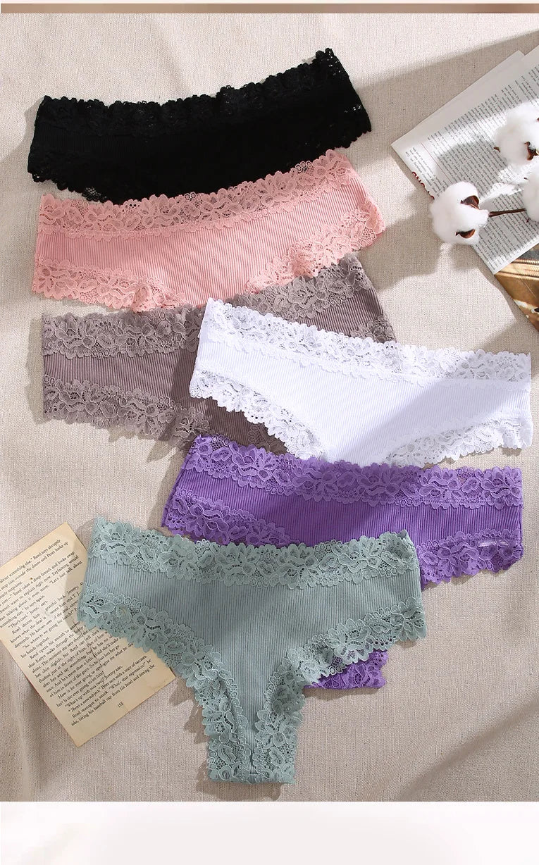 5Pcs Women Cotton Brazilian Pants Sexy Lace Brazilian Briefs Low Waist Floral Solid Color G-string Breathable Soft Lingerie