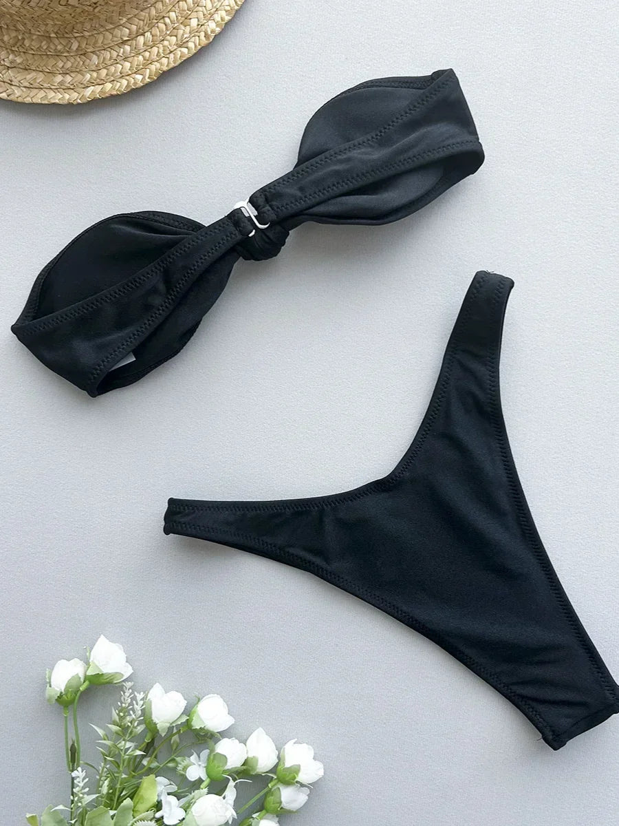 Sexy Front Tie Bow Bikini Set Women Black Bandeau Push Up Bra Micro Swimsuit 2024 Beach Bathing Suit Thong Swimwear Biquini