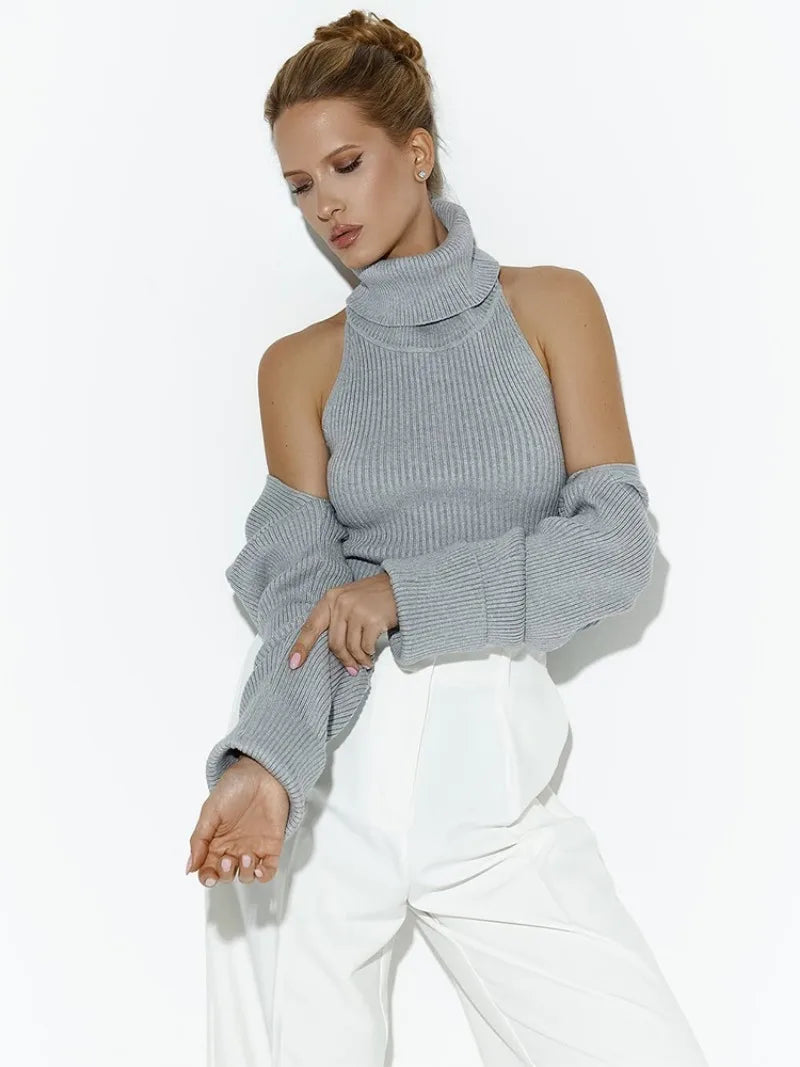 Trendix Knit Tank Top Sets For Women Fashion High Neck Vest And Long Sleeve Shawl 2 Piece Suits Sexy Backless Knitwear Top Femme