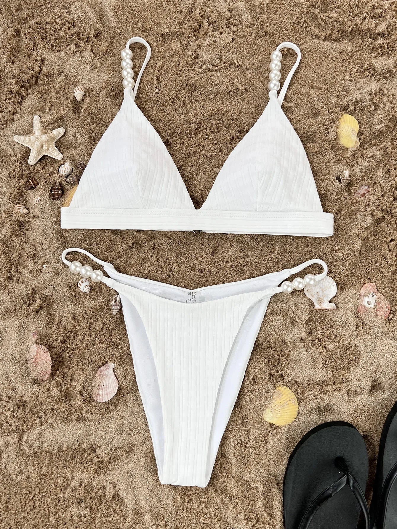 Bikini Set 2025 White Triangle Swimwear Ribbed Pearl Strap Push Up Mini Micro Swimsuit Beach Bathing Suit Thong Swimming Outfit