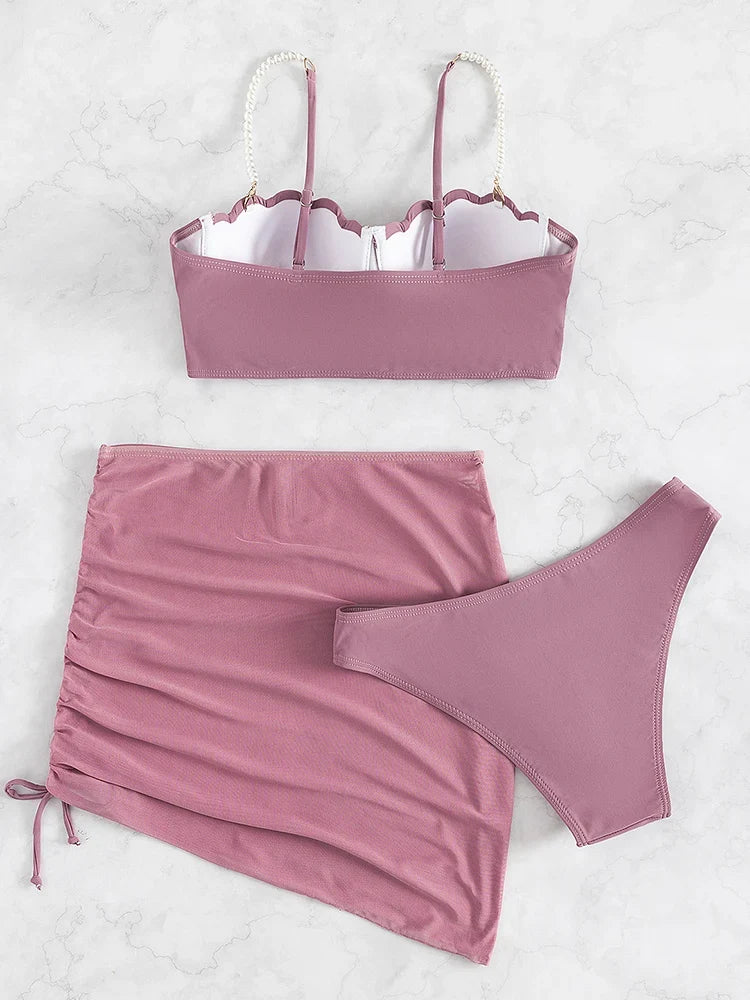 2024 New Sexy 3 Piece Bikinis Set Women Swimsuit with Skirt Swimwear Female Push Up Bikini Beachwear Faux Pearl Bathing Suit