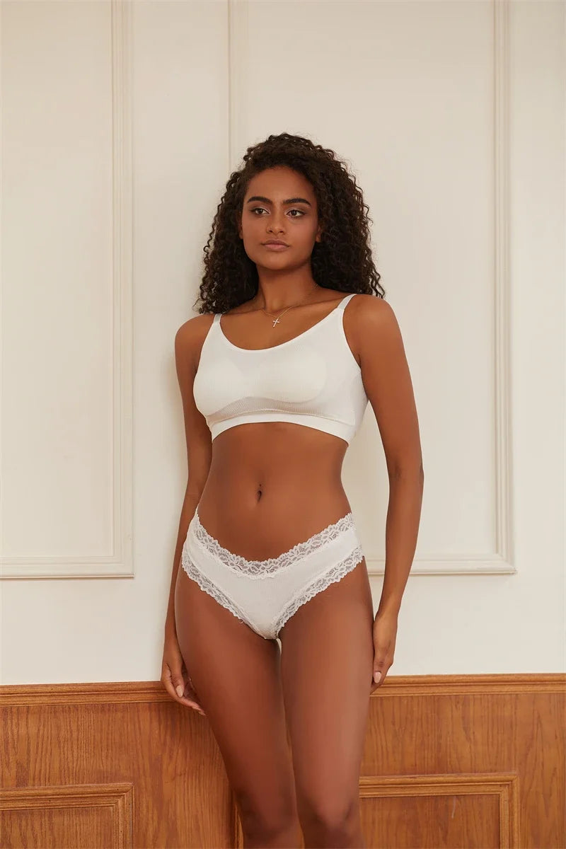 3Pcs Women Cotton Brazilian Pants Sexy Lace Brazilian Briefs Low Waist Floral Solid Color G-string Breathable Soft Lingerie