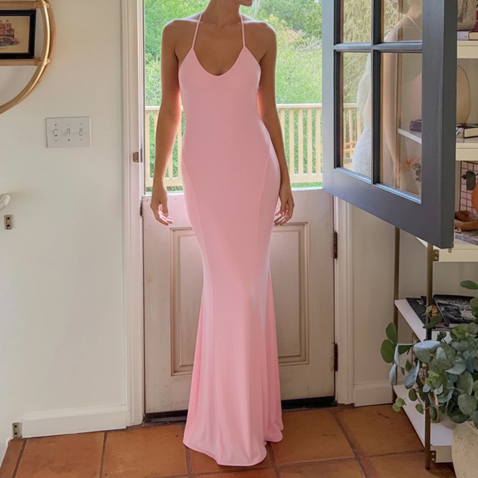 Women Halter Floor Length Vacation Dress Gown Party Slim Fit Fish Tail Maxi Dress Solid Sleeveless Bodycon Evening Dresses