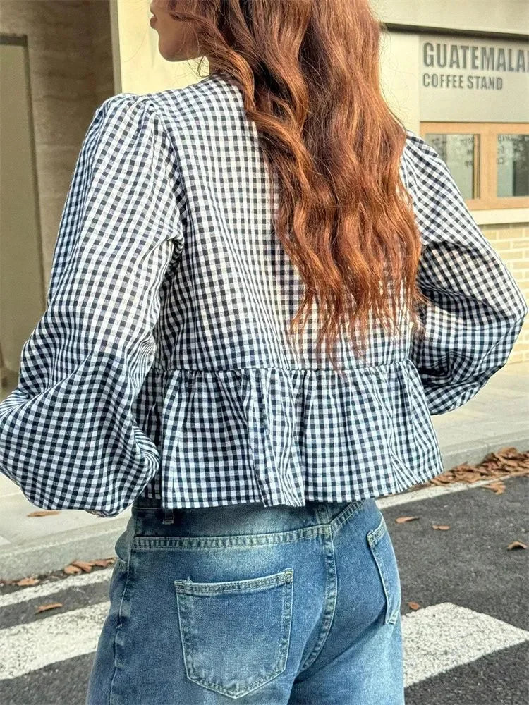 Plaid Lantern Long Sleeve Blouse for Women Spring Autumn Y2K Clothes Sweet Style Loose Knot Front Round Neck Top Streetweawr
