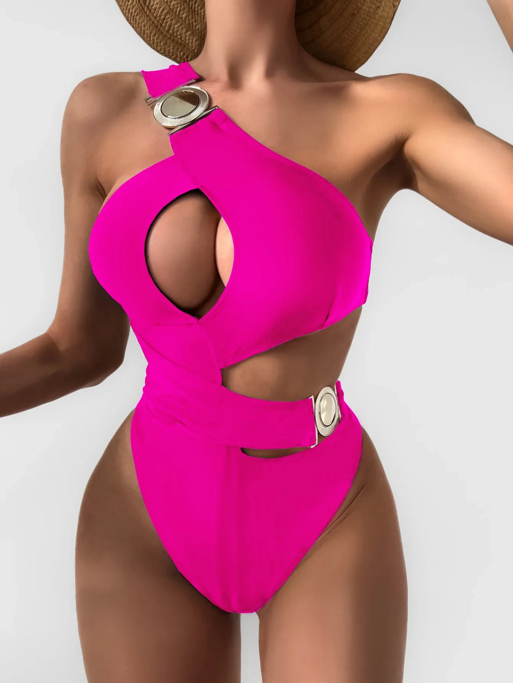Sexy One Shoulder Swimsuit Woman 2024 Solid Black Hollow Out Buckle One Piece Swimwear Beach Bathing Suit Backless Monokini