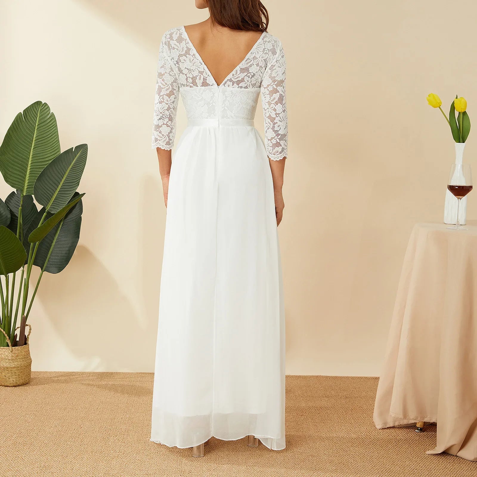 Elegant Lace Chiffon A-Line Long Dresses Women Wedding Dress Bridesmaid Dresses V-neck Mid-Sleeve Backless Zipper Female Dress