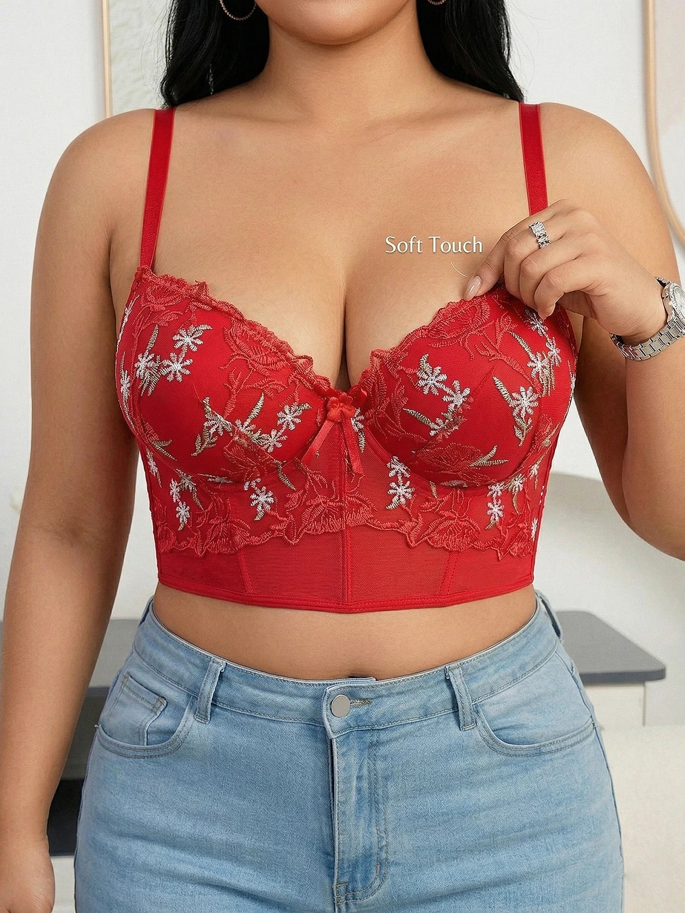 Plus Size Floral Embroidered Lace Bustier Bra – Push Up, Tummy Control & Non-Slip Corset Top