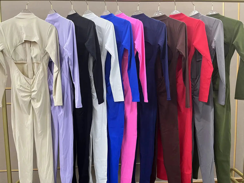 Hearuisavy Summer V Back Sports Jumpsuit Yoga Clothes Rompers Women Long Sleeveles Workout Bodysuits Backless One-piece Suit