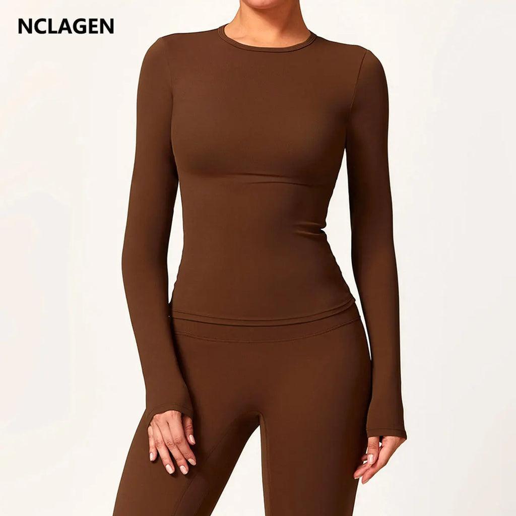NCLAGEN Long Sleeve Workout Top Gym Pilates Clothes Women Active Wear Sports Shirt Elastic Fitness Yoga Clothing Running Shirts