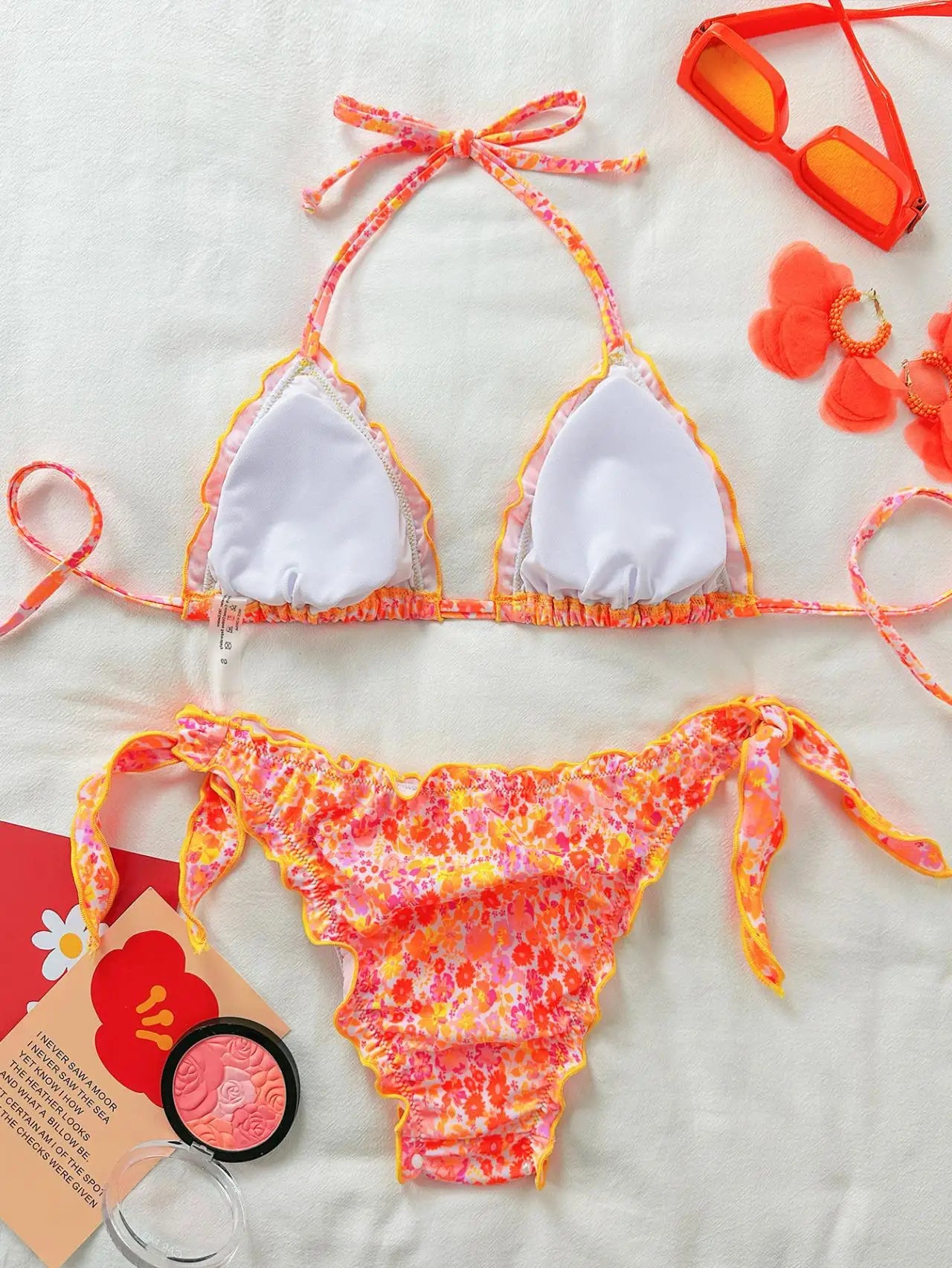 Cute Orange Floral Print Bikini Set Women Halter Ruffles Push Up Tie Side Thong Swimsuit 2026 Summer Bathing Suit Micro Swimwear