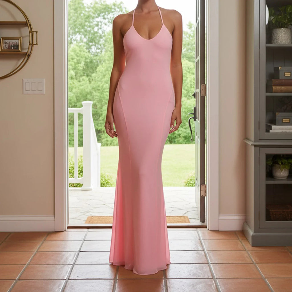 Women Halter Floor Length Vacation Dress Gown Party Slim Fit Fish Tail Maxi Dress Solid Sleeveless Bodycon Evening Dresses