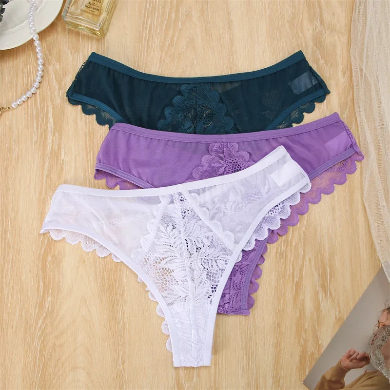 3Pcs/set Lace Thongs Women Sexy Low-Rise G-string Panties S-XL Floral T-Back Underpants Ladies Lace Bikini Underwear Lingerie